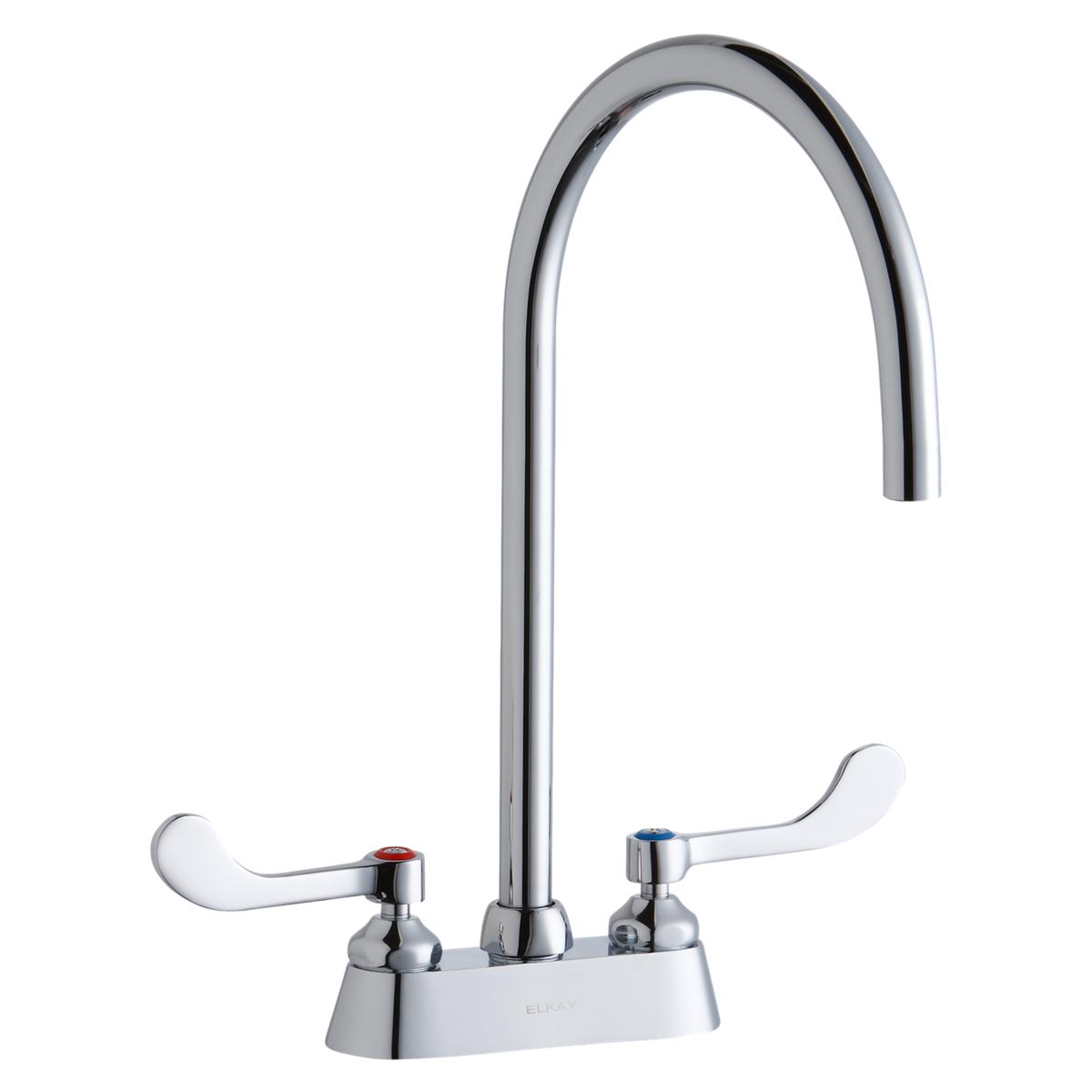 Chrome kitchen faucet with tall gooseneck spout and two white wristblade handles on rectangular base.