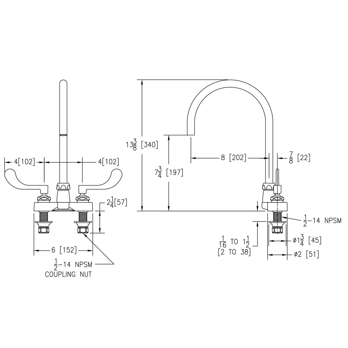 Chrome centerset faucet with 8" gooseneck spout and 4" wristblade handles, technical specification drawing with measurements.