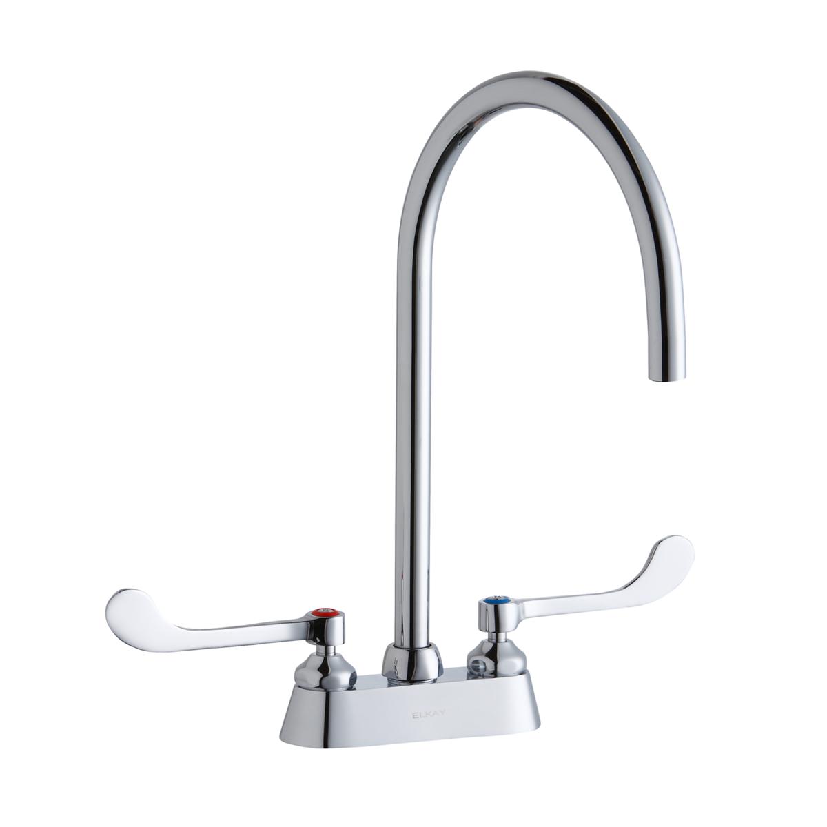 Chrome centerset faucet with tall gooseneck spout and white wristblade handles on deck base.