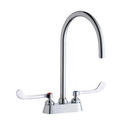 Chrome centerset faucet with tall gooseneck spout and white wristblade handles on deck base.