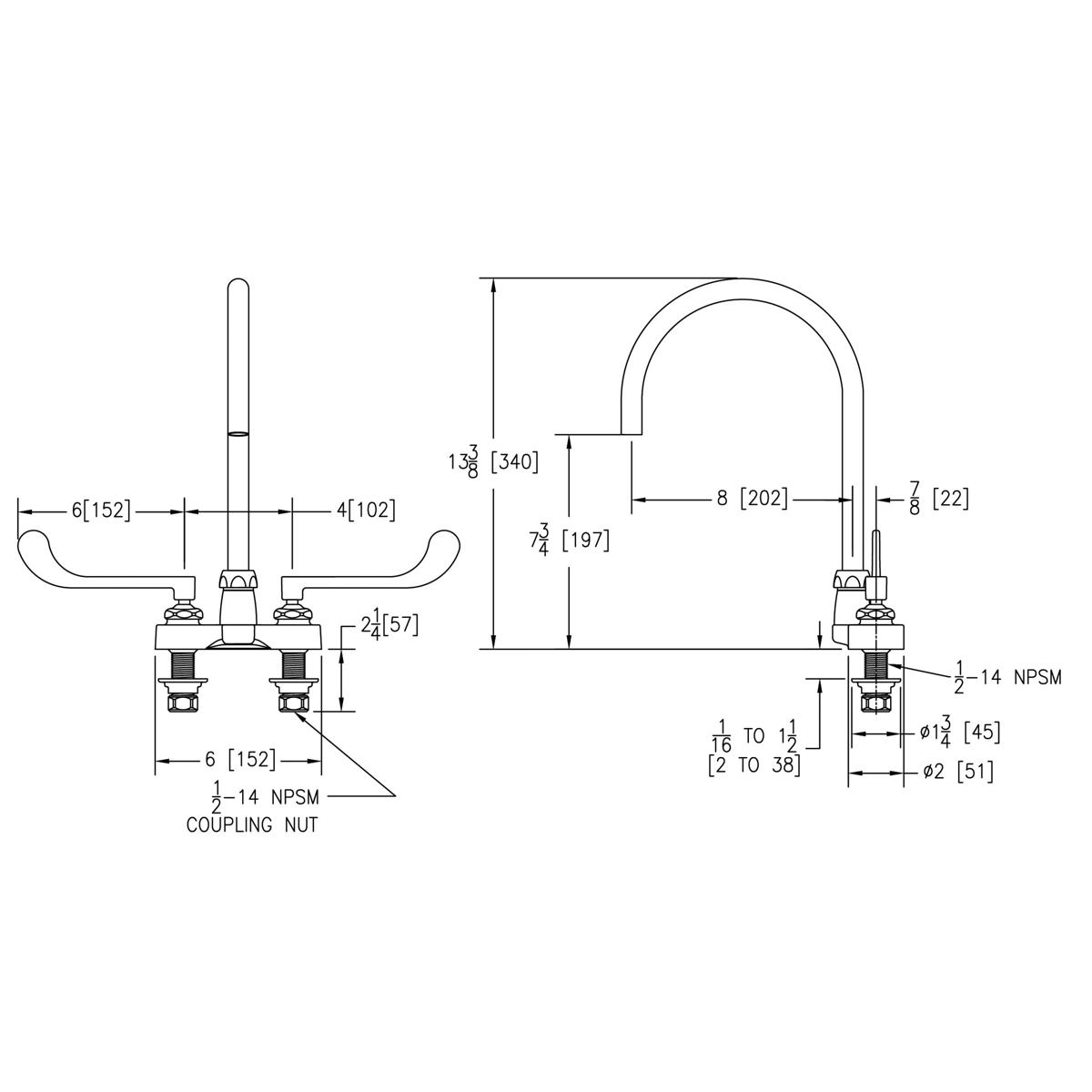 Chrome centerset faucet with 8" gooseneck spout, 6" wristblade handles, and laminar flow aerator shown in technical diagram w