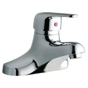 Chrome centerset lavatory faucet with single wristblade handle, integral spout, and hot/cold indicator on body.