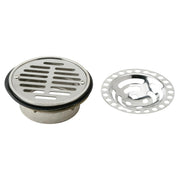 Stainless steel drain strainer with dome grid top and flat perforated basket insert.