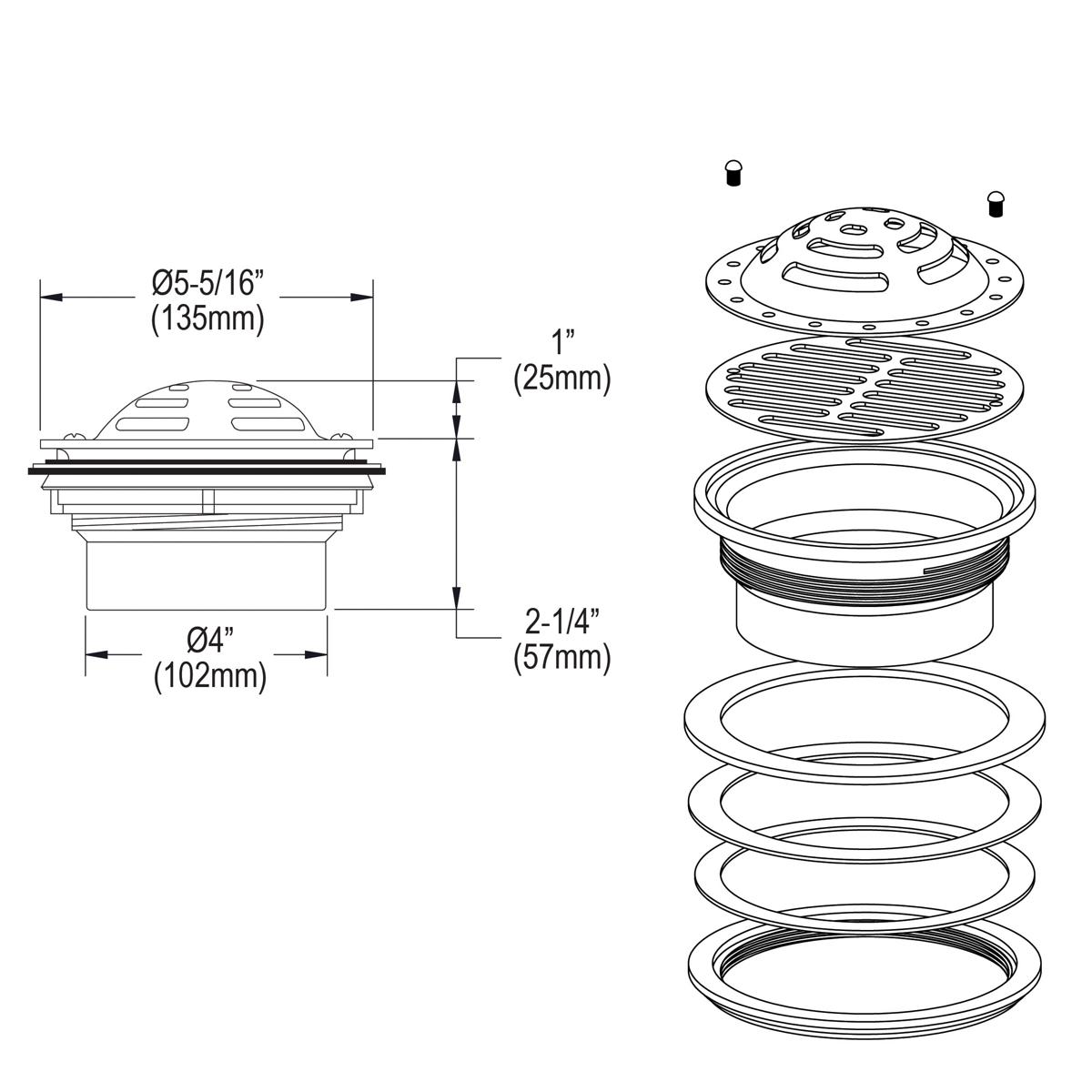Stainless steel drain strainer with dome grid top, flat grid insert, and threaded components shown assembled and disassembled