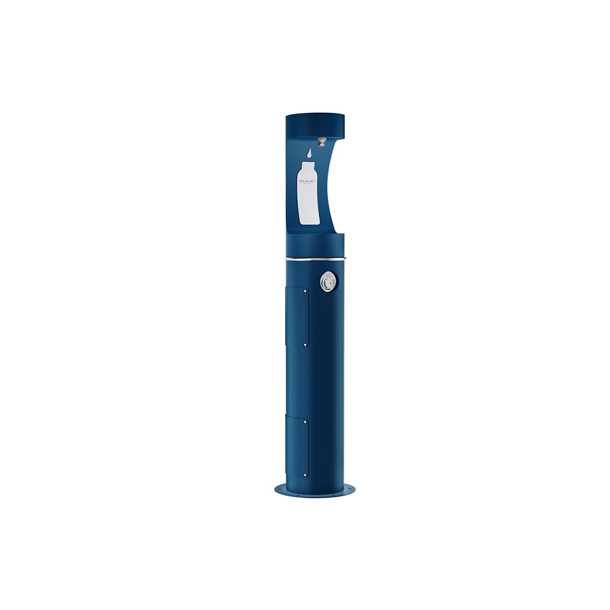 Blue pedestal water bottle filling station with spout and operational button mounted on cylindrical base.