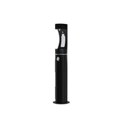 Black pedestal-mounted outdoor water bottle filling station with push-button spout and circular base.