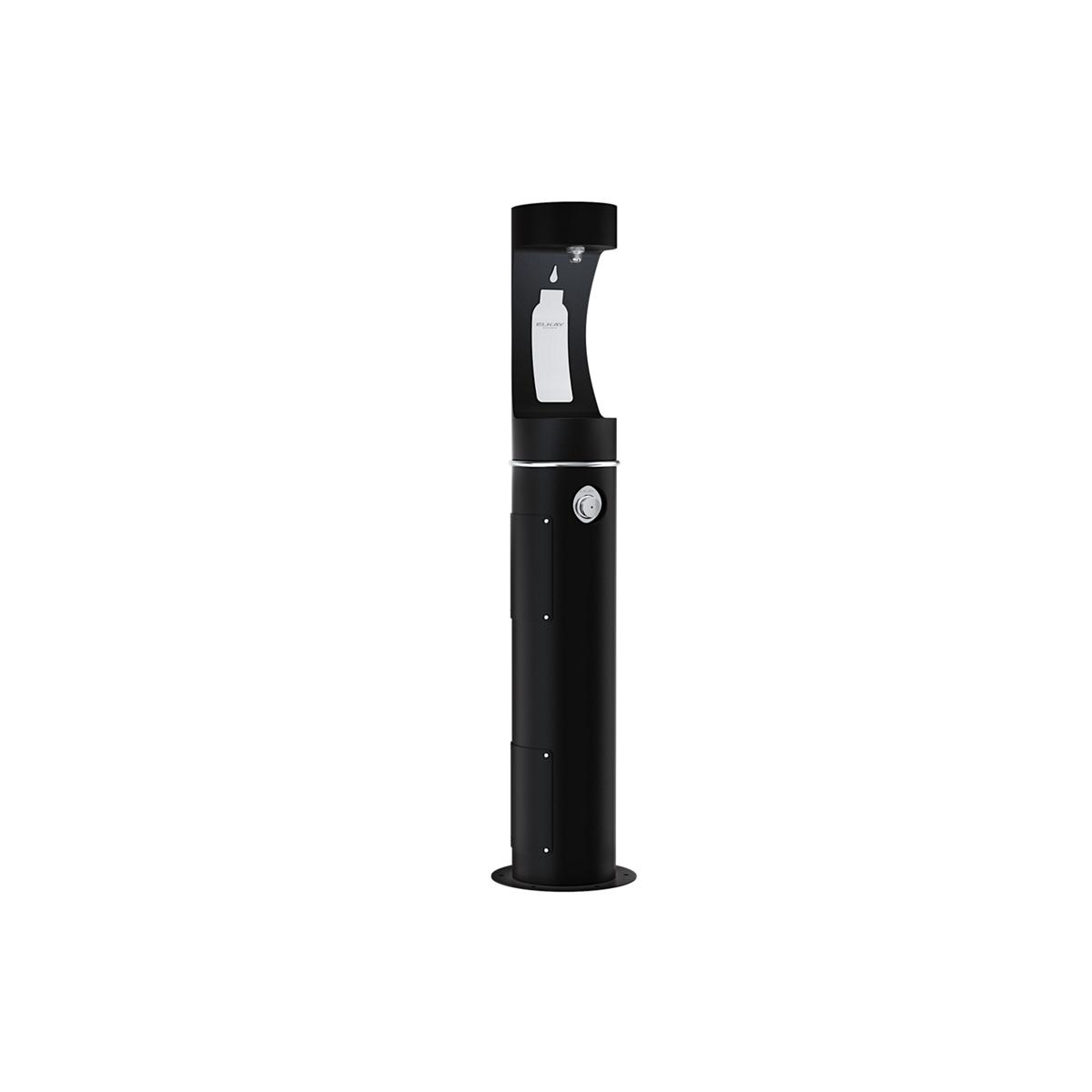 Black pedestal bottle filling station with spout and circular button control on cylindrical base.