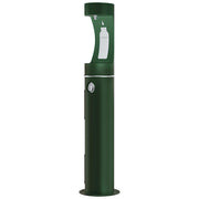Evergreen pedestal-mounted bottle filling station with spout and push-button valve control.