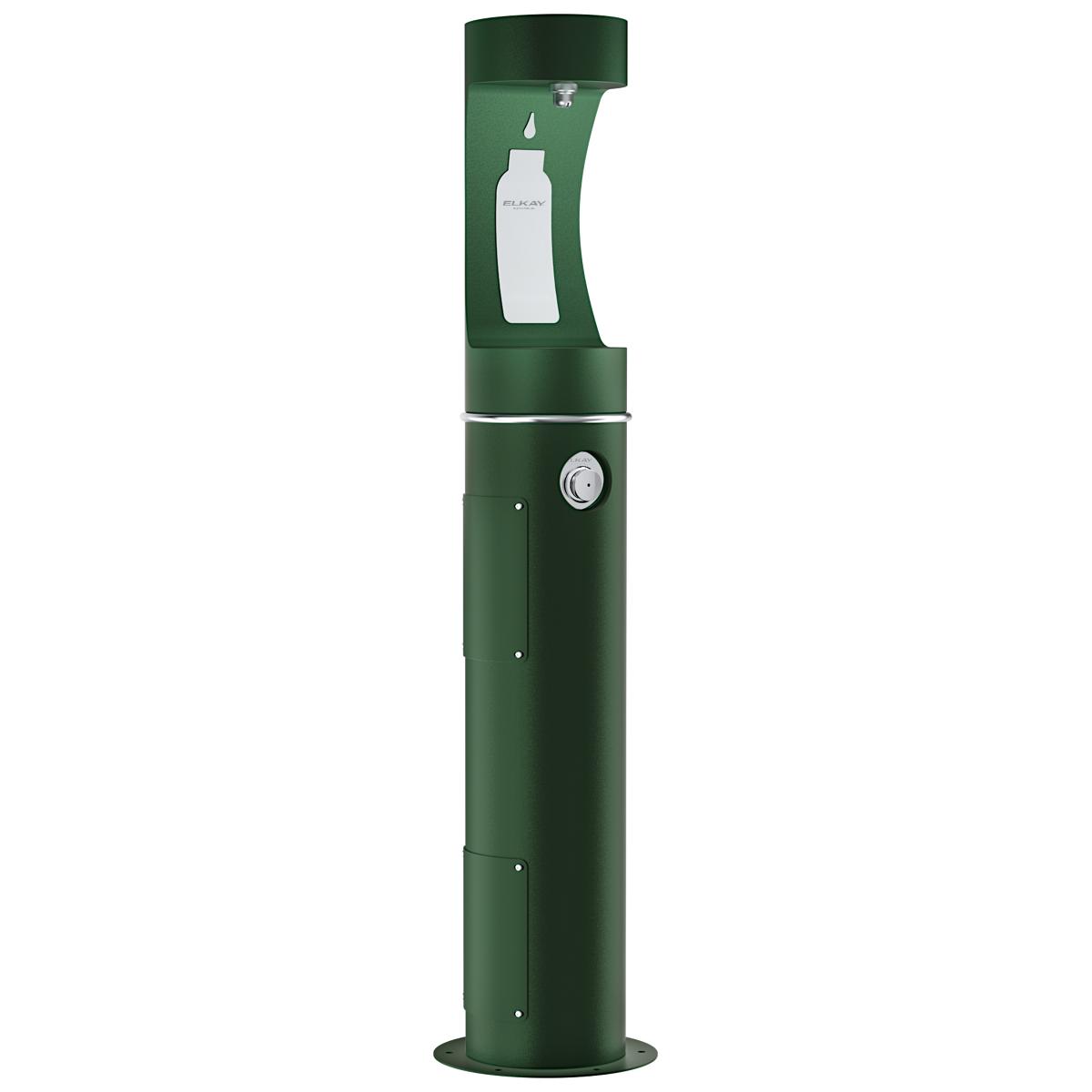 Evergreen pedestal-mounted outdoor water fountain with bottle filling station and push-button dispenser.