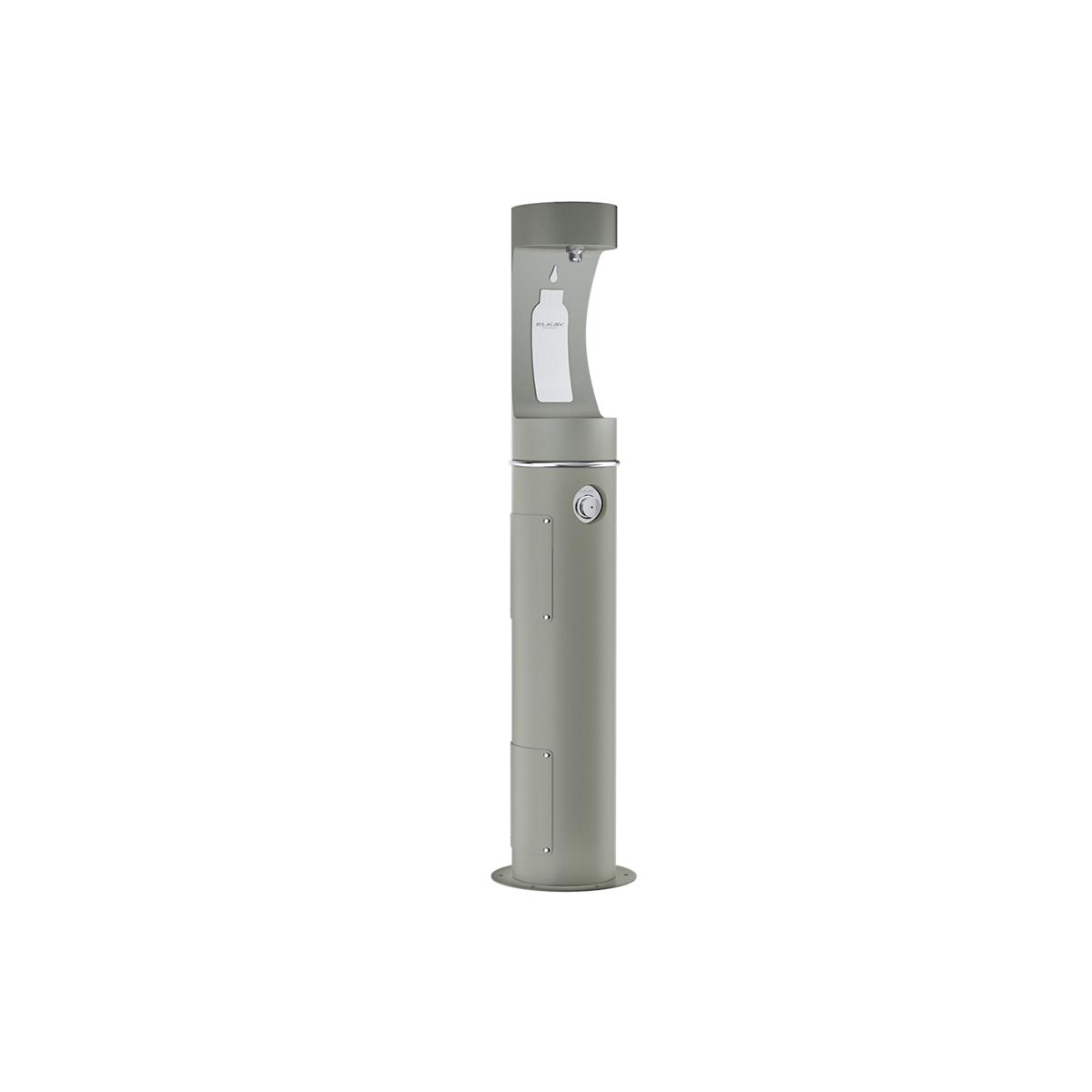 Gray pedestal-mounted outdoor water bottle filling station with single spout and push-button control.