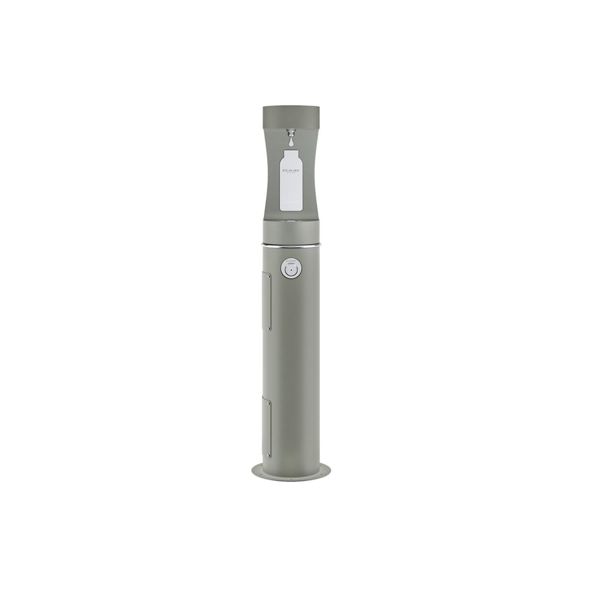 Gray pedestal water bottle filling station with spout and circular button control panel.