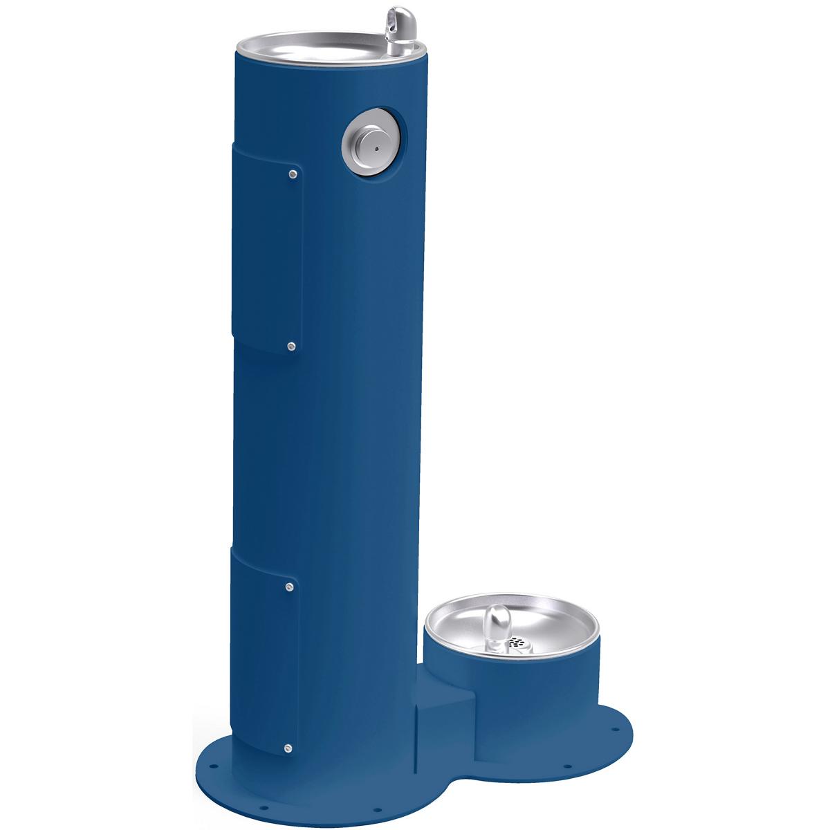 Blue pedestal fountain with stainless steel drinking basin at top and separate pet bowl station at base.