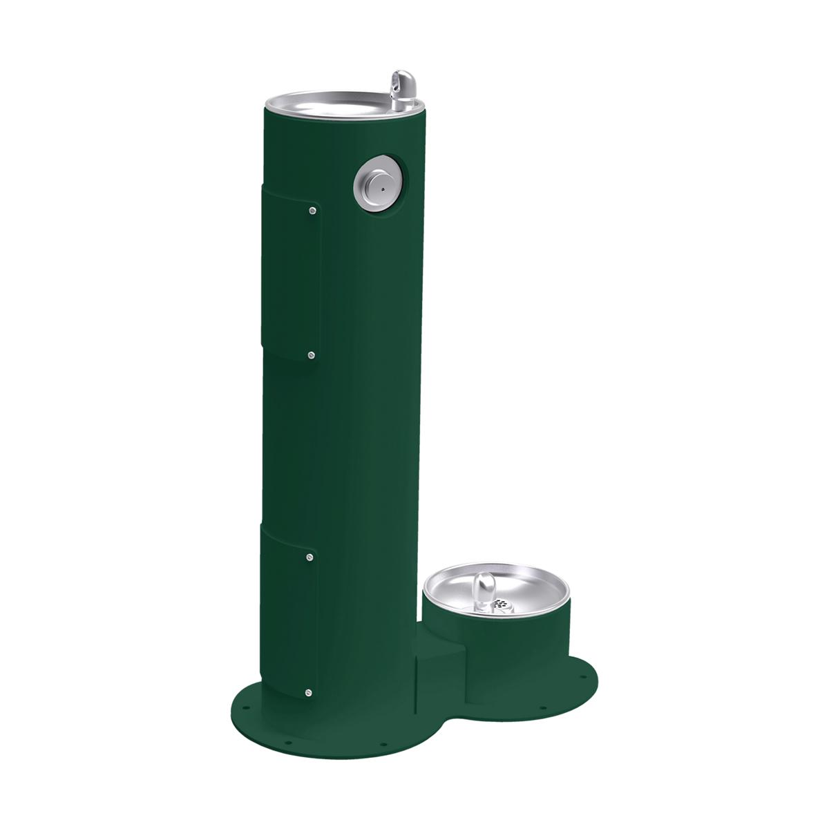 Green pedestal fountain with stainless steel basin on top and separate pet water bowl at base.