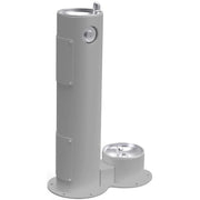 Gray pedestal fountain with upper drinking bowl and lower pet water station bowl.