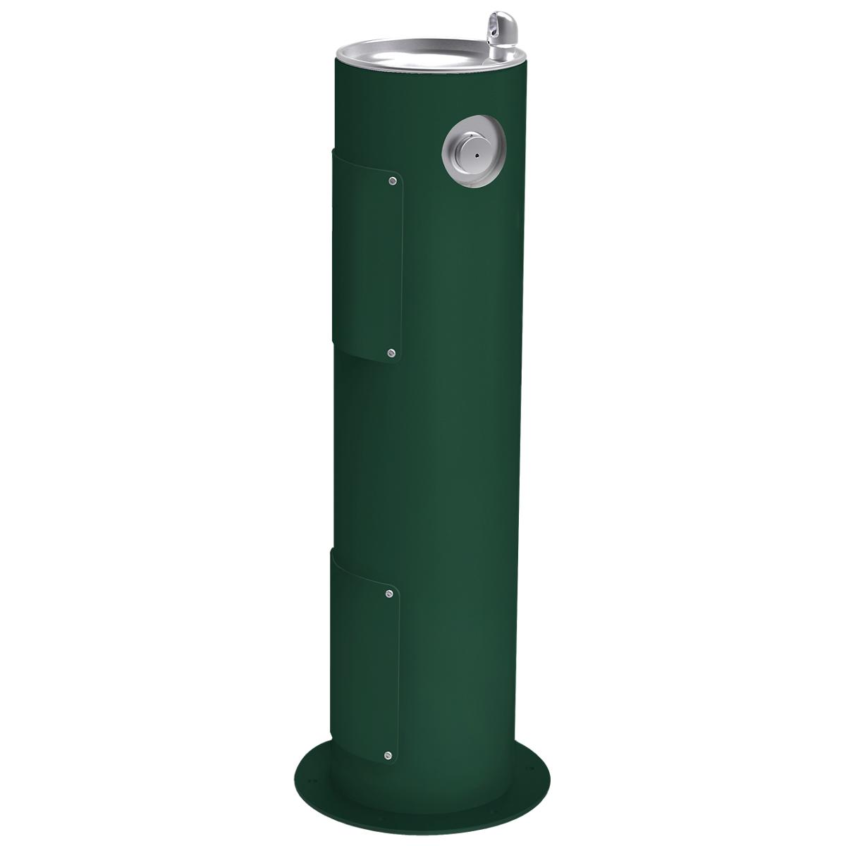 Tall cylindrical evergreen outdoor water fountain with stainless steel top basin and drinking spout.