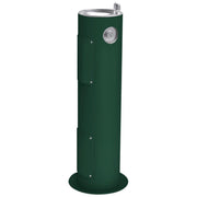 Tall cylindrical evergreen outdoor water fountain with stainless steel top basin and drinking spout.