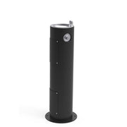 Black cylindrical pedestal fountain with stainless steel top rim, drinking spout, and chrome valve fixture.