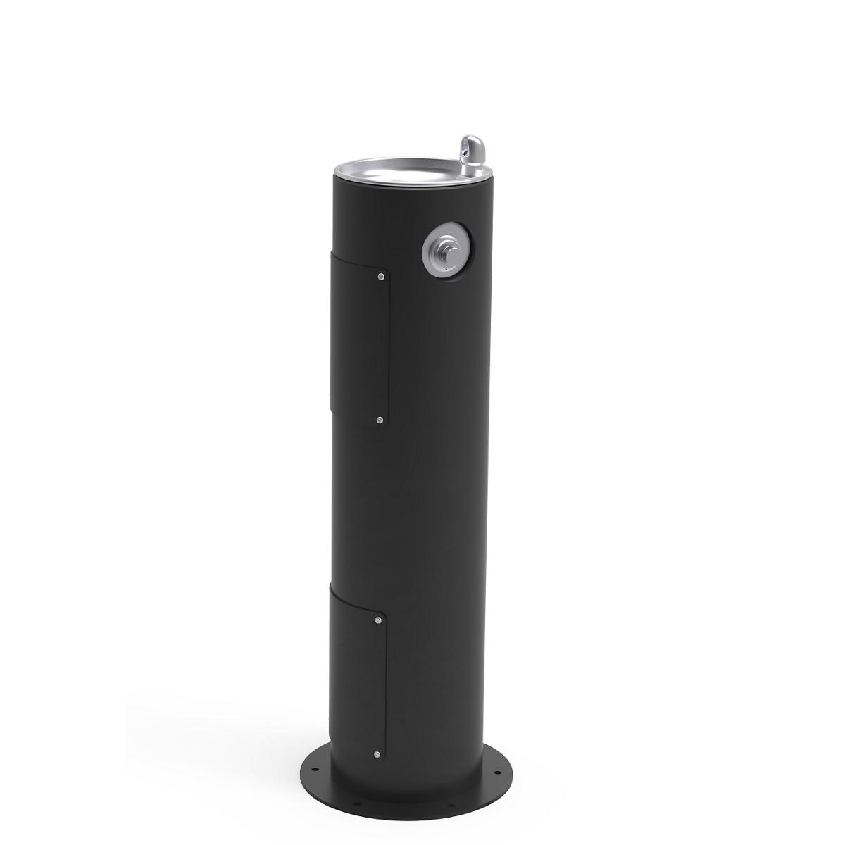 Black cylindrical pedestal fountain with stainless steel top rim, drinking spout, and chrome valve fixture.