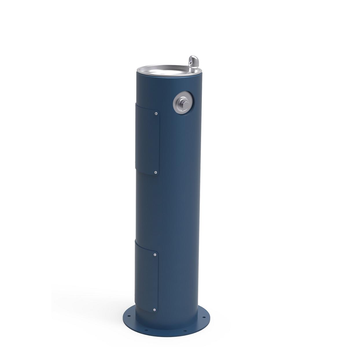 Blue cylindrical pedestal fountain with drinking spout and metal bowl rim at top.