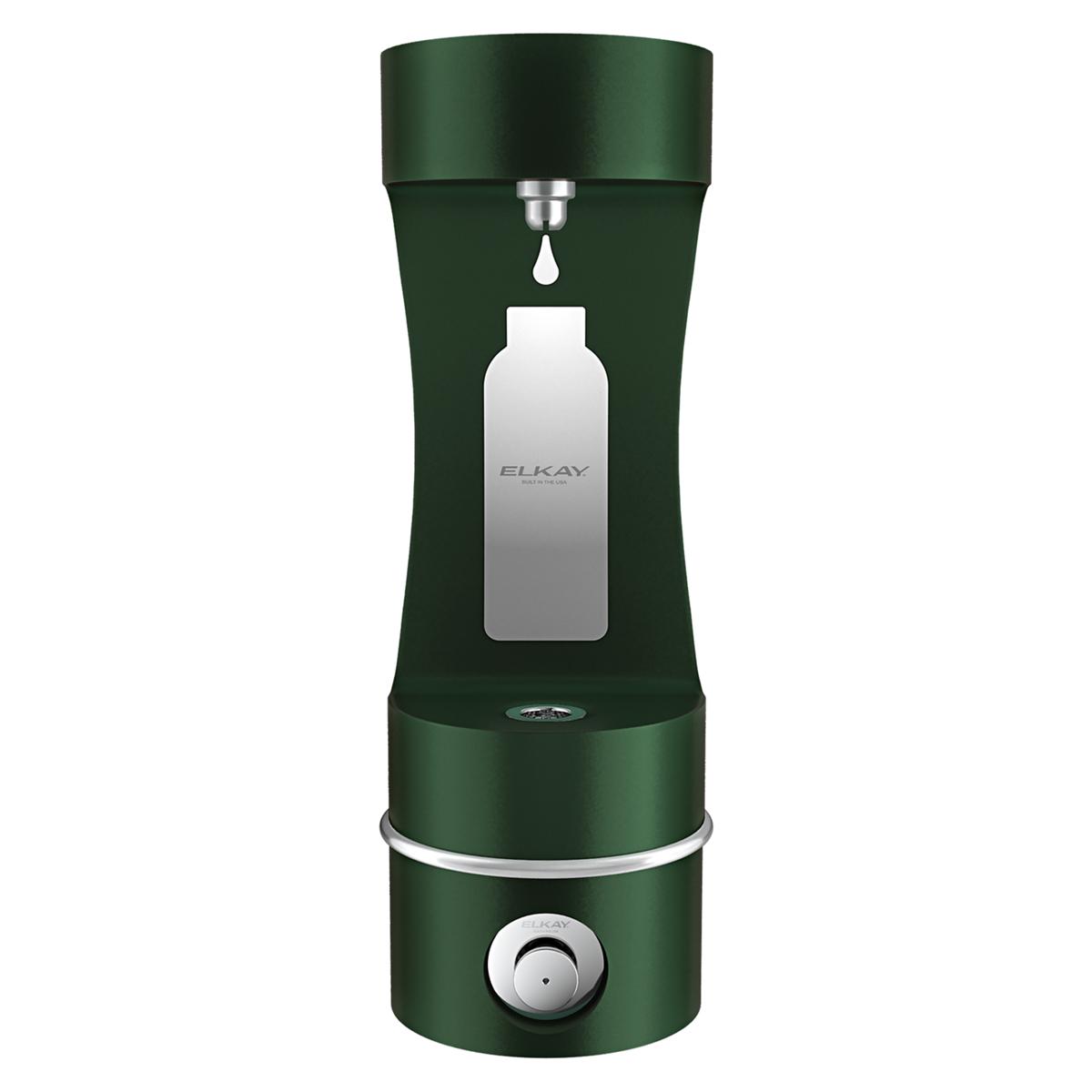 Evergreen wall-mounted bottle filling station with single arm spout and white water bottle visible through center window.