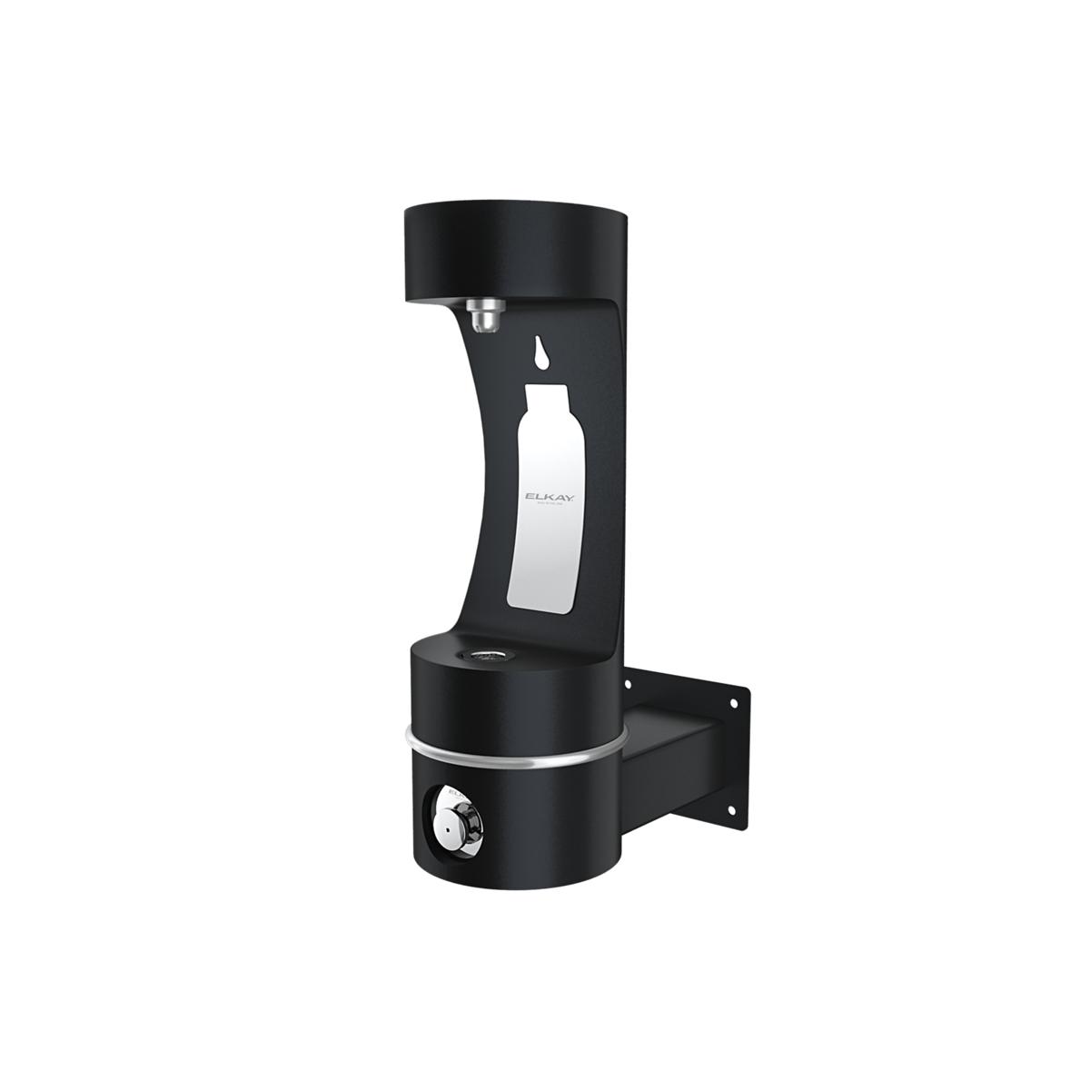 Black wall-mounted bottle filling station with single spout and drip basin, featuring transparent bottle window.