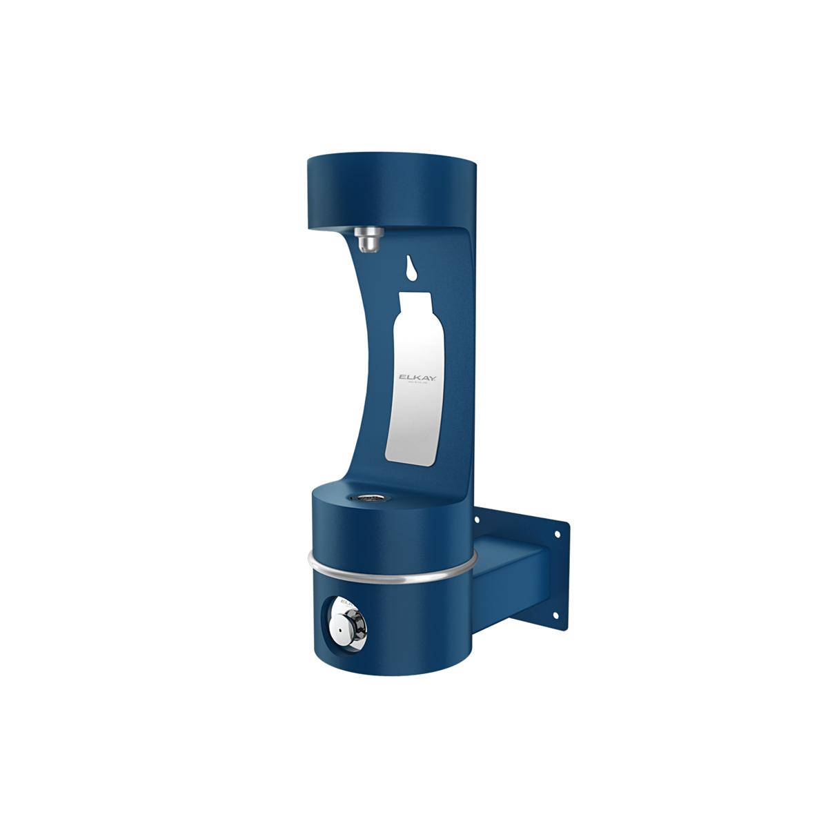 Blue wall-mounted bottle filling station with single spout arm and bottle slot, featuring control knob and mounting bracket.