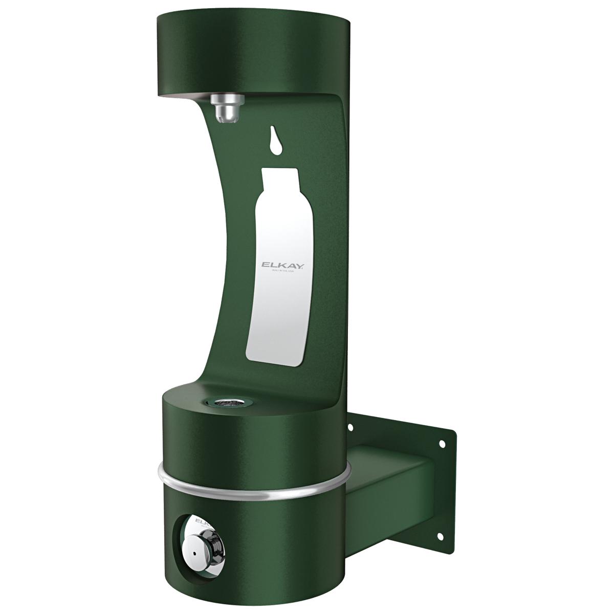 Green wall-mounted outdoor water bottle filling station with single arm dispenser and drip basin.