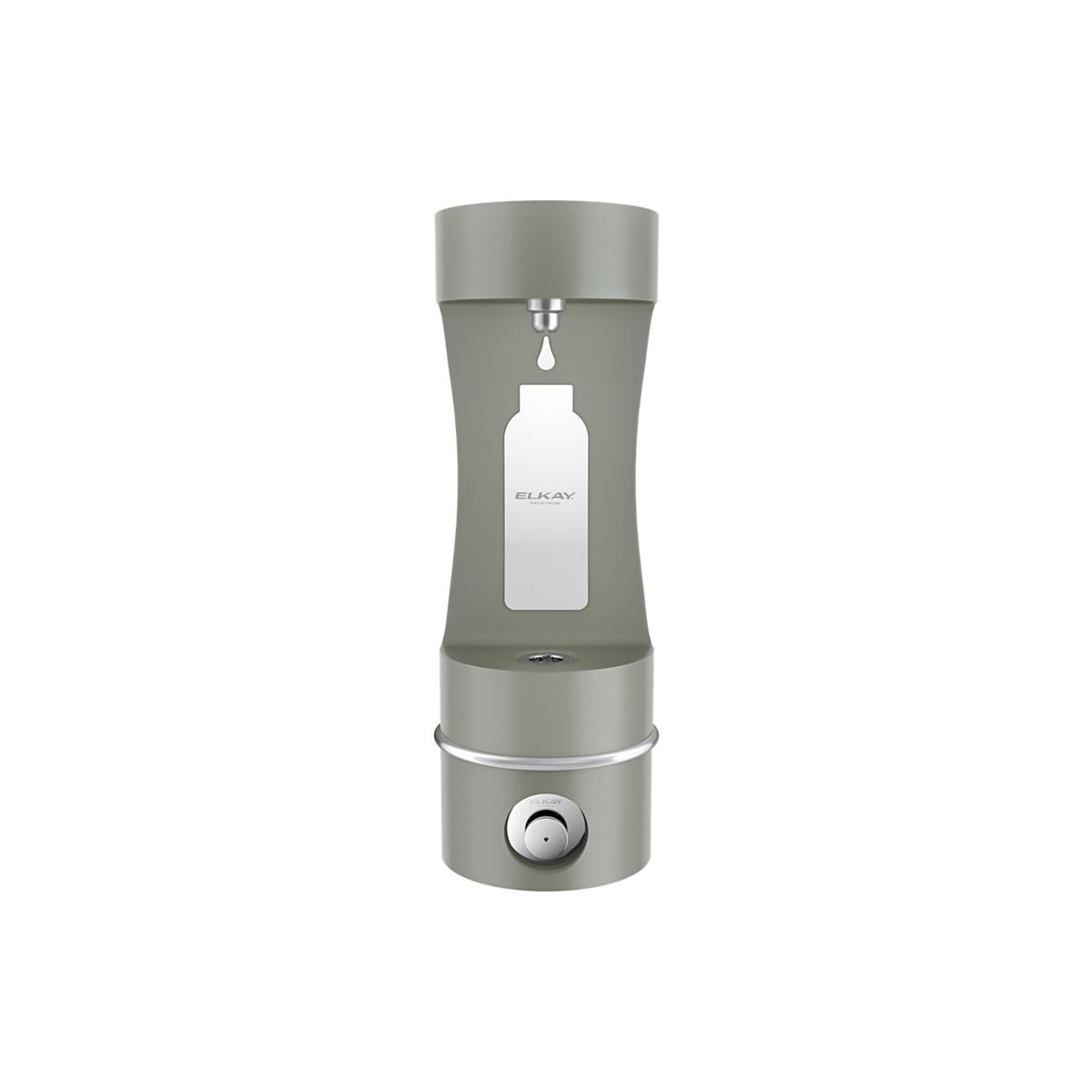 Gray wall-mounted outdoor water bottle filling station with single arm dispenser and bottle window display.