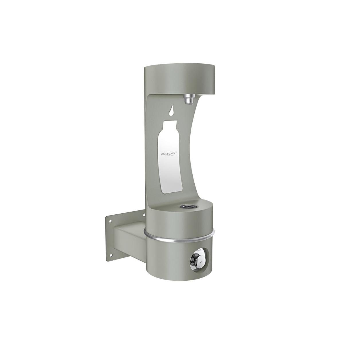Gray stainless steel wall-mounted bottle filling station with single arm dispenser and drain basin.