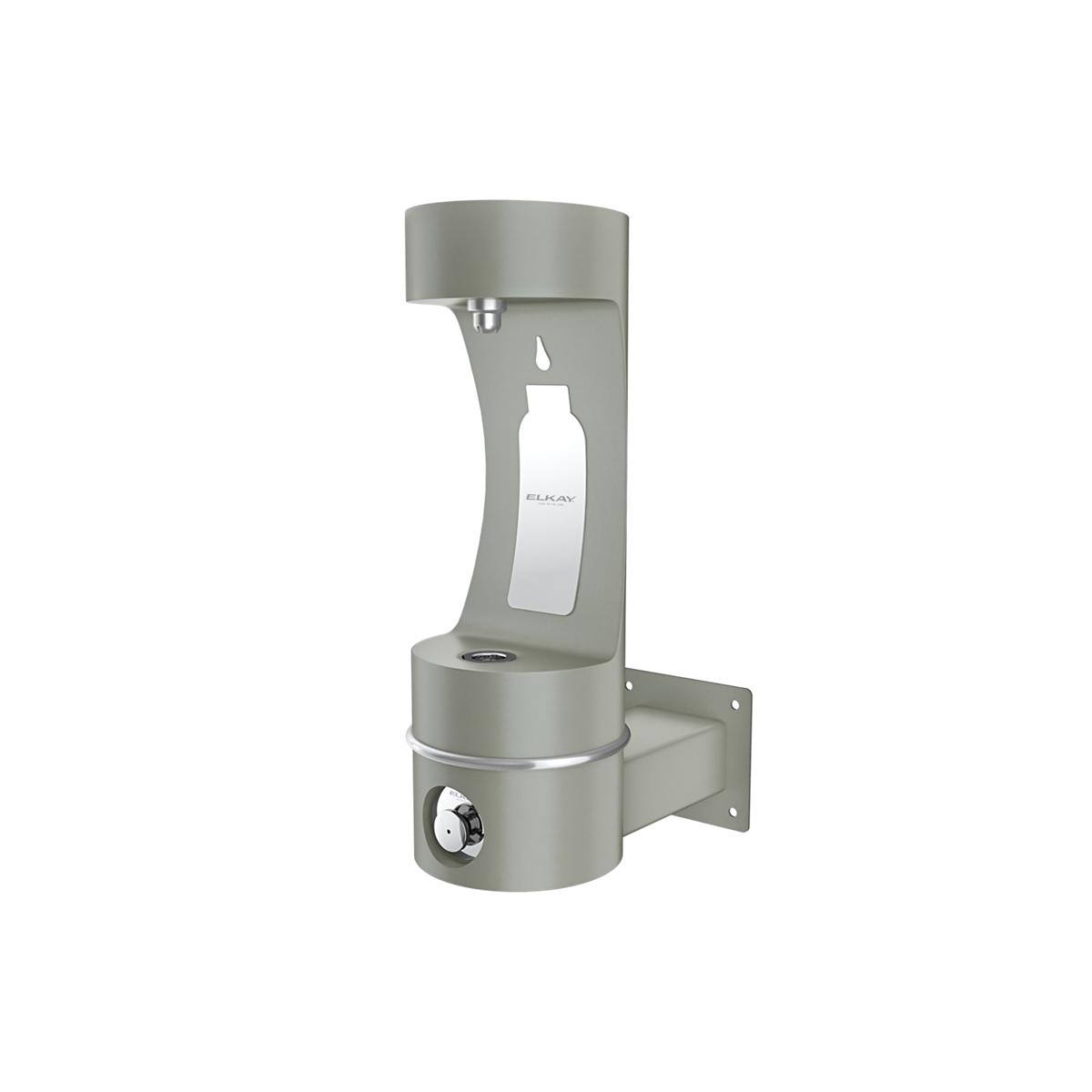 Gray wall-mounted bottle filling station with single arm dispenser and basin catch.