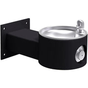 Black wall-mounted drinking fountain with stainless steel bowl and silver drinking spout on cylindrical body.