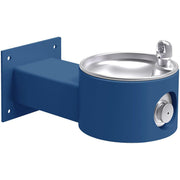 Blue wall-mounted outdoor fountain with stainless steel basin and drinking spout on cylindrical body.