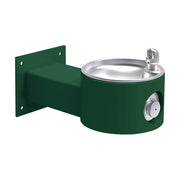 Green wall-mounted drinking fountain with stainless steel bowl and spout, featuring side-mounted bracket for outdoor installa