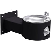 Black outdoor wall-mounted fountain with stainless steel basin and chrome spout and button controls.