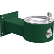 Green wall-mounted drinking fountain with stainless steel basin and chrome drinking spout.