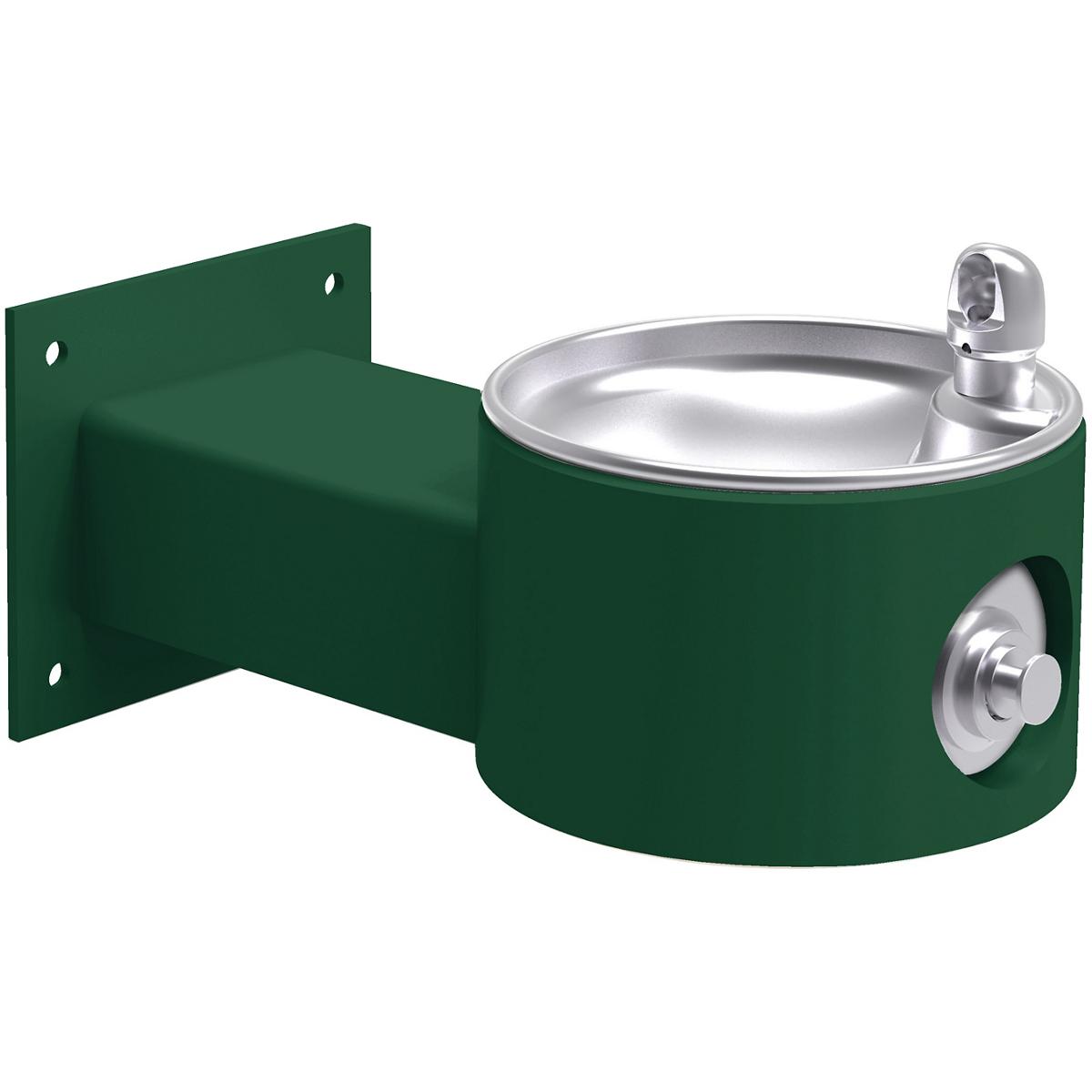 Green wall-mounted drinking fountain with stainless steel basin and chrome drinking spout.