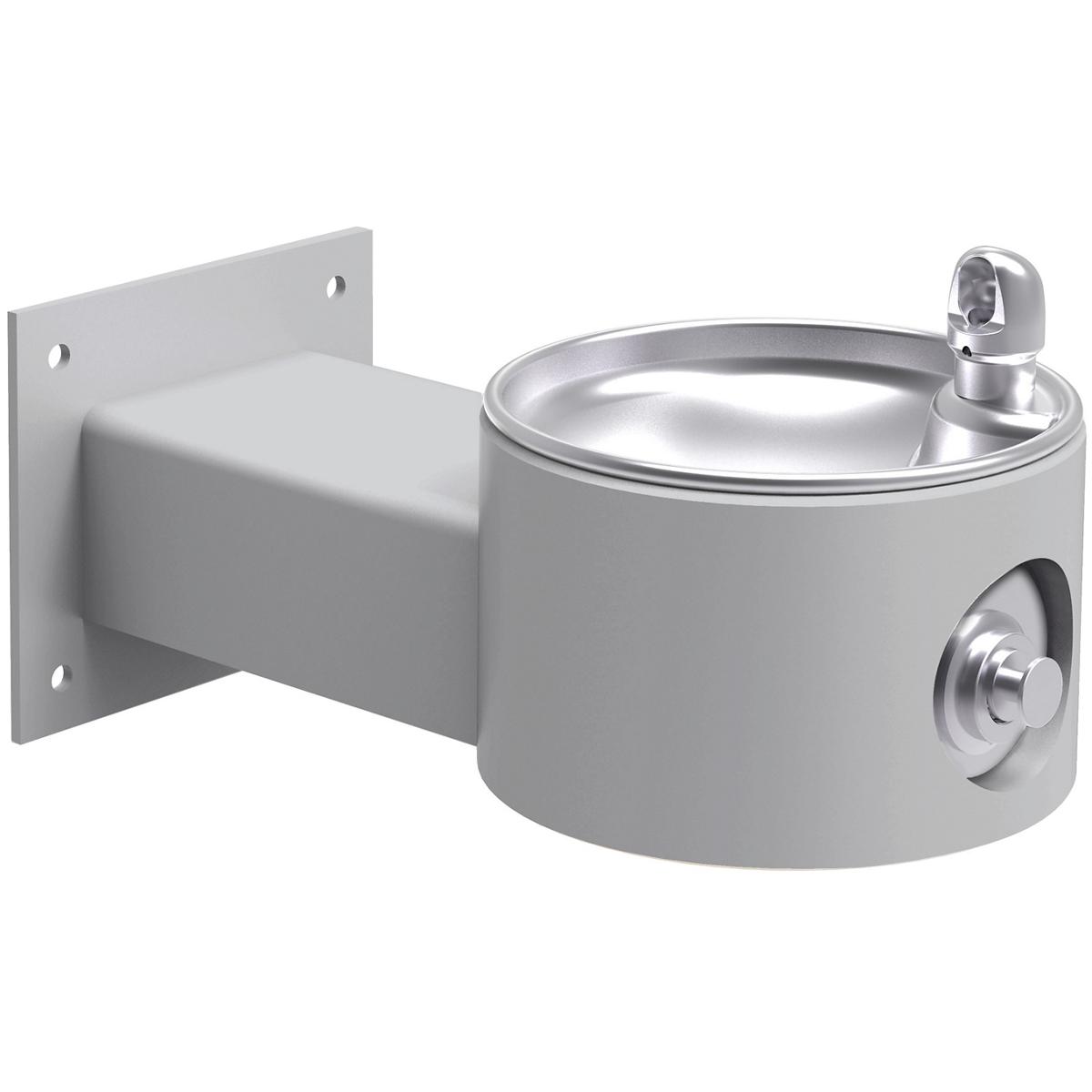 Gray wall-mounted outdoor fountain with stainless steel bowl and drinking spout.