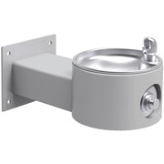 Gray wall-mounted outdoor fountain with stainless steel bowl and drinking spout.