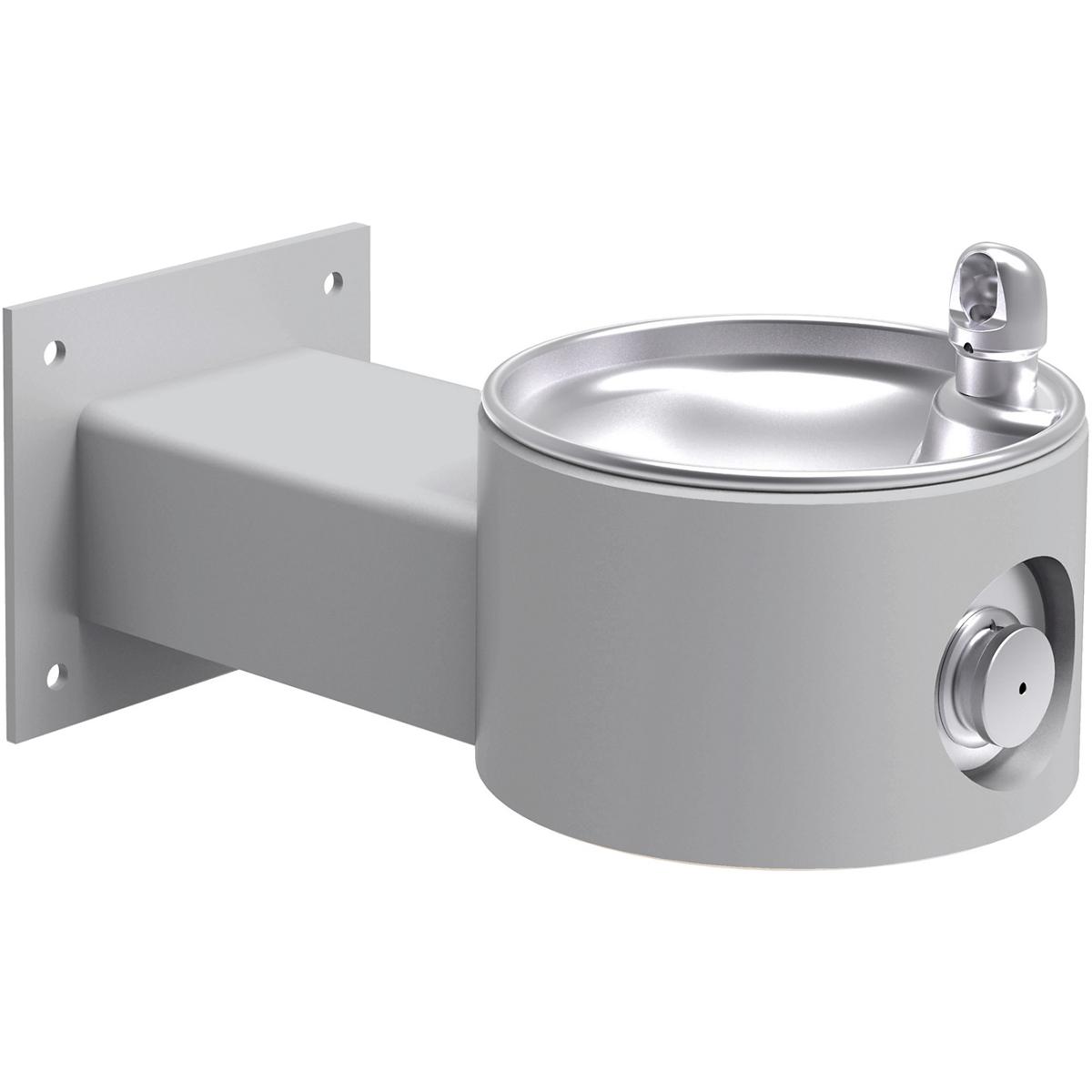 Gray stainless steel wall-mounted drinking fountain with circular basin and chrome drinking spout.
