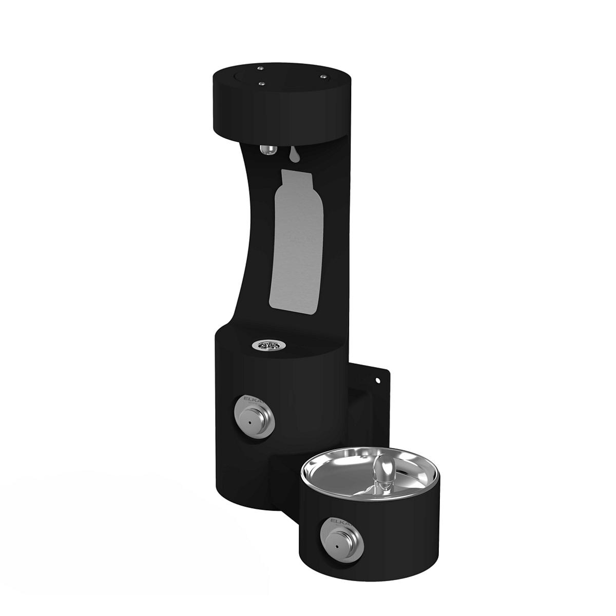 Black wall-mounted water fountain with bottle filling station and single drinking fountain bowl with stainless steel basin.