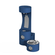 Blue wall-mounted outdoor water fountain with bottle filling station and single drinking fountain with stainless steel bowl.