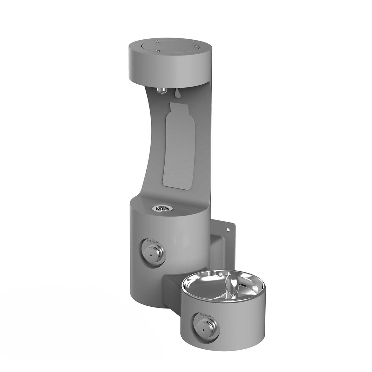 Gray wall-mounted water fountain with bottle filling station on top and drinking fountain basin below.