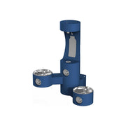 Blue wall-mounted water fountain with two stainless steel basins at different heights and bottle filling station at top.