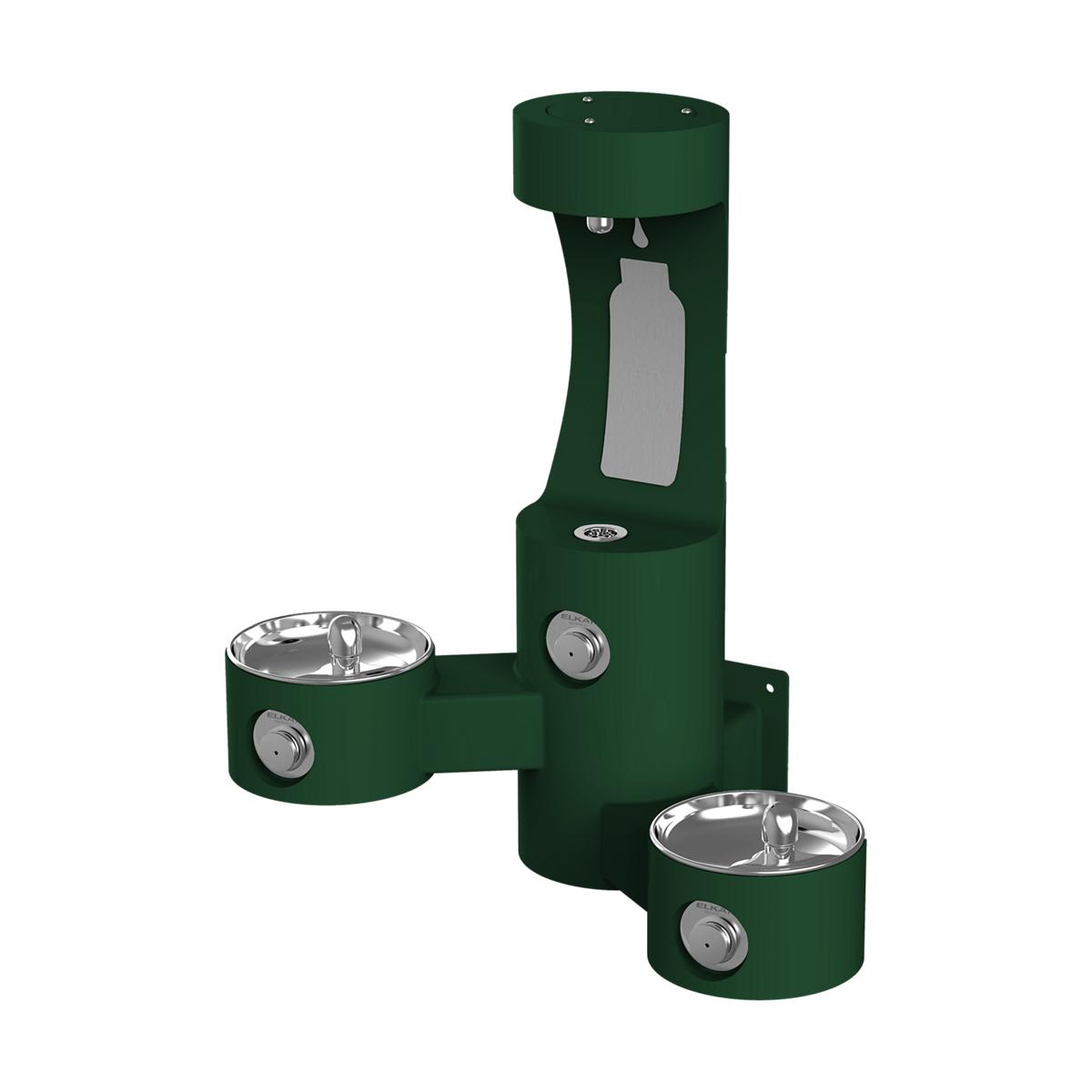 Dark green wall-mounted water fountain with two bowl stations at different heights and bottle filling station in center.