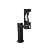 Black outdoor pedestal water bottle filling station with single spout and white bottle icon on upper unit.
