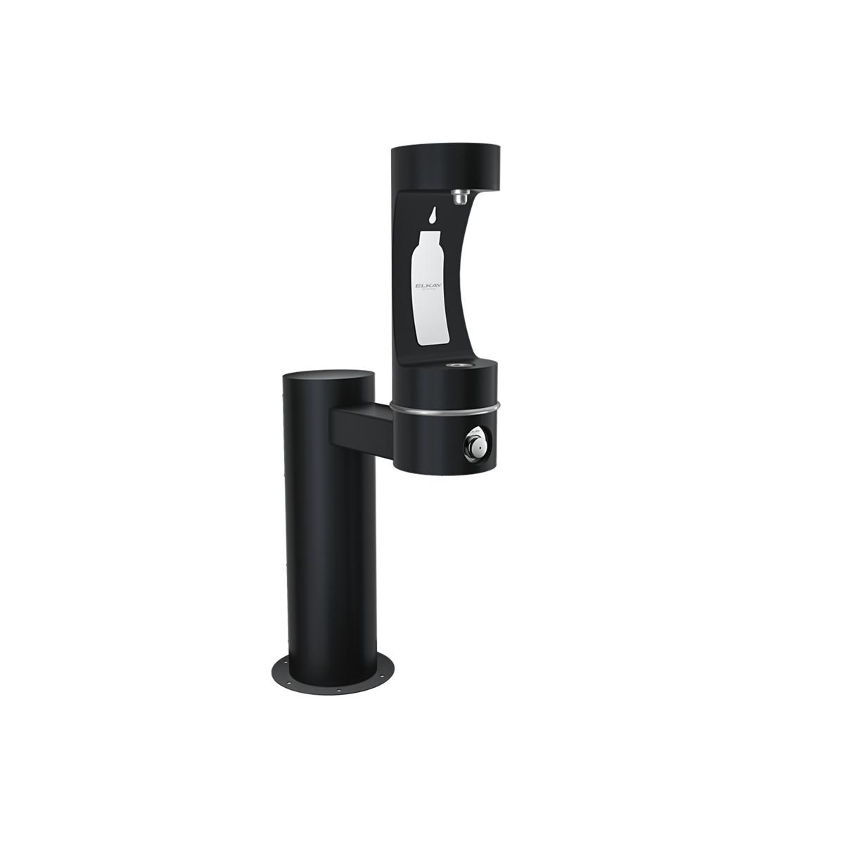 Black outdoor pedestal water bottle filling station with single spout and white bottle icon on upper unit.
