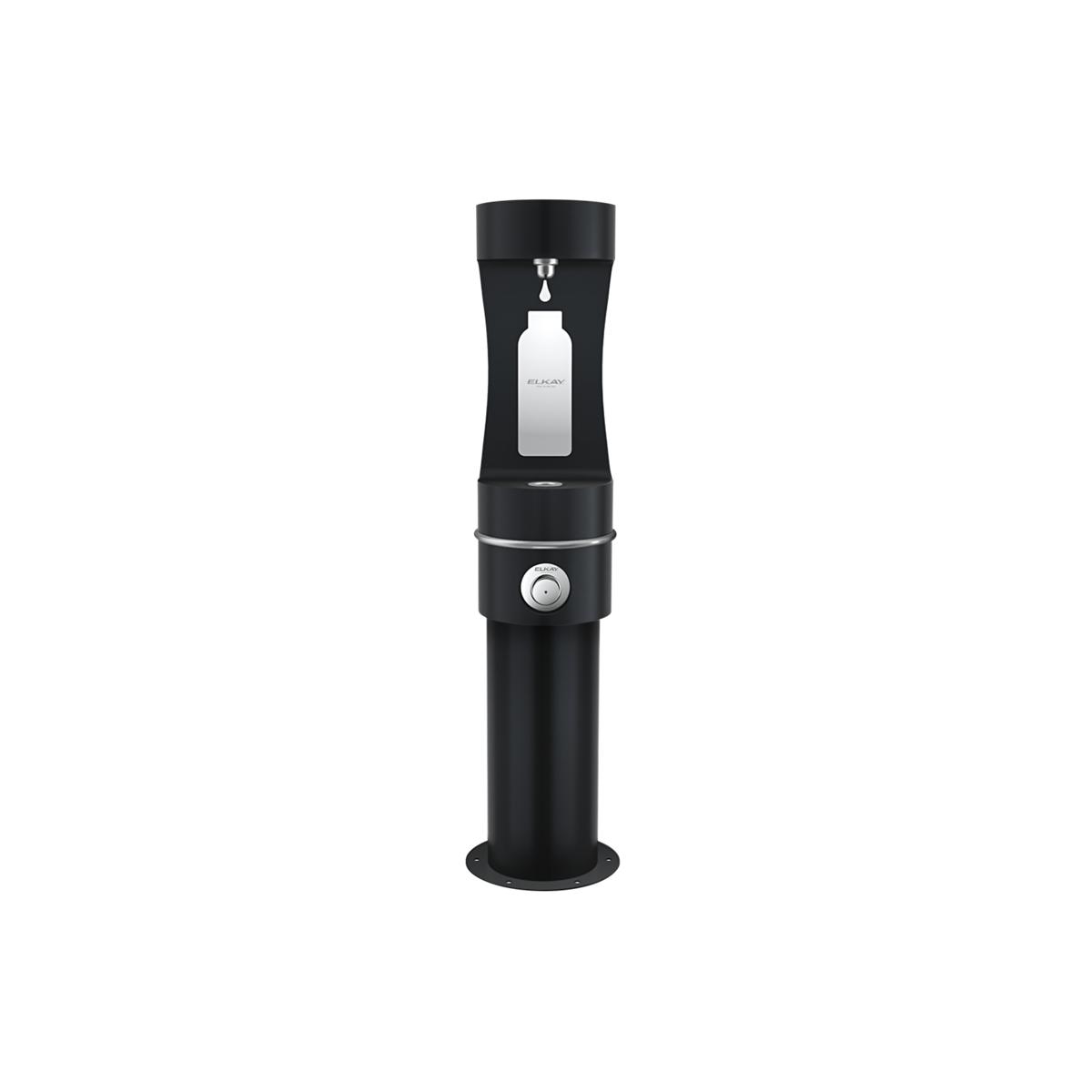 Black pedestal water bottle filling station with single spout and white bottle icon on upper chamber.