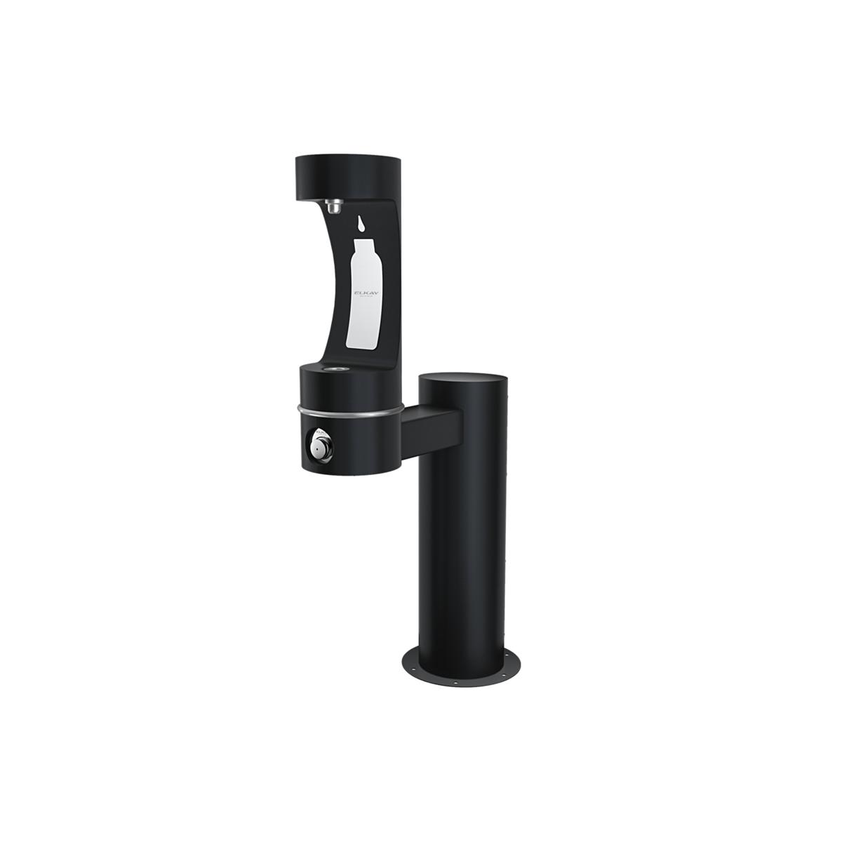 Black outdoor water bottle filling station with single pedestal base and spout for filling bottles.
