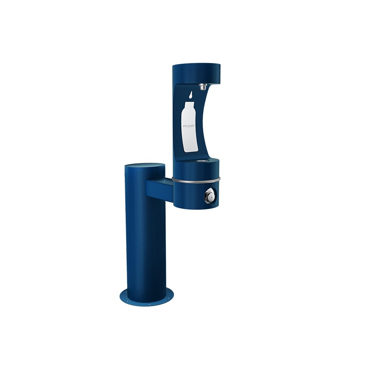 Blue outdoor water bottle filling station with single pedestal base and dispensing spout.