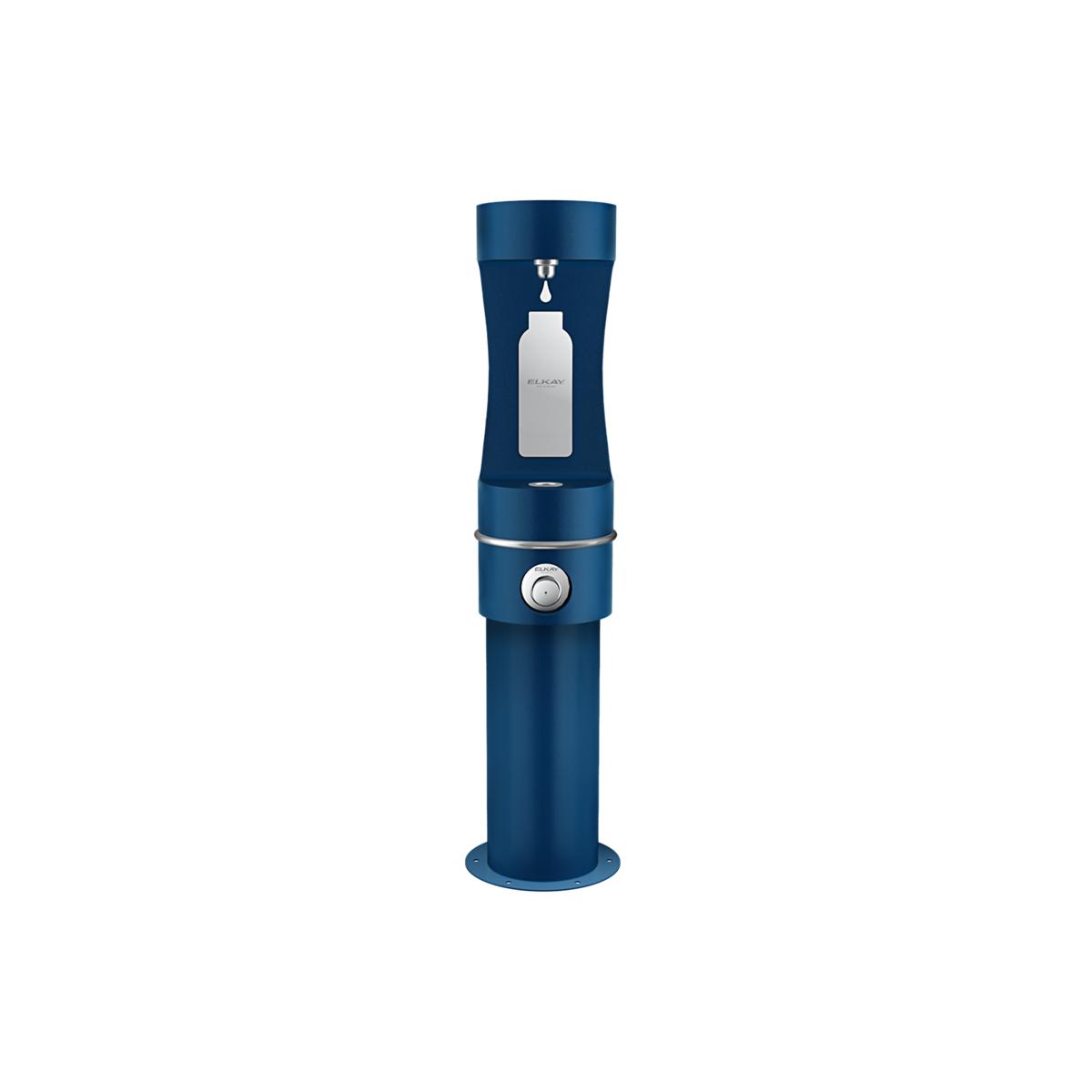 Blue pedestal water bottle filling station with single spout and foot pedal control.